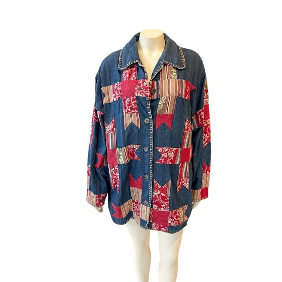 Susan Bristol Chambray Denim Quilted Barn Jacket Large Blue Red - Picture 1 of 10